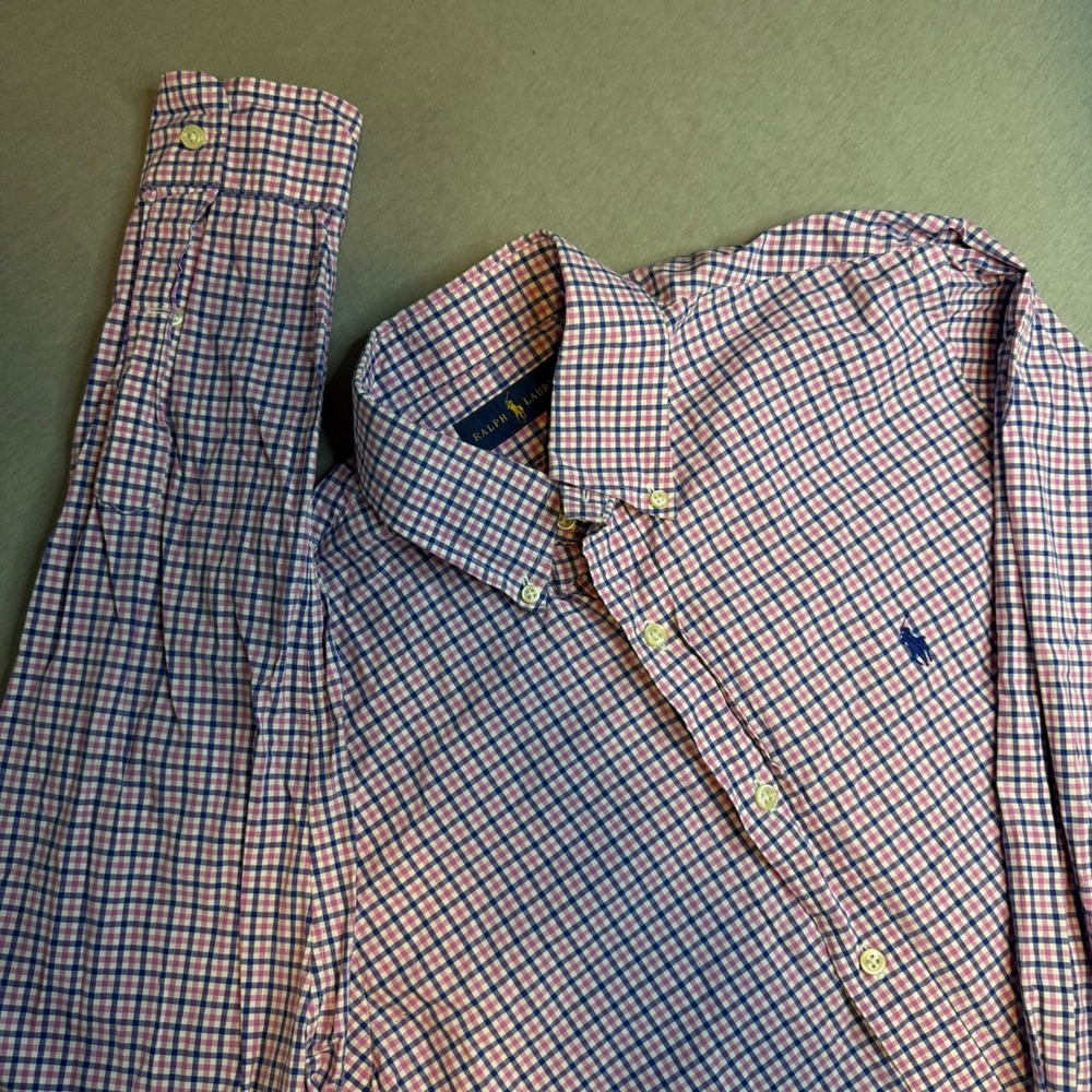 Ralph Lauren Mens Gingham Button Down Shirt Pink Blue Cotton Size M